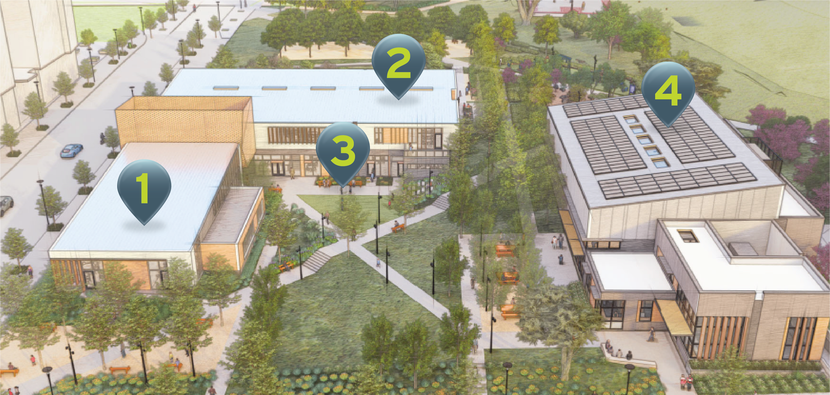A bird's eye view rendering of the Sunnydale Hub, with markers 1, 2, 3, and 4