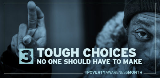 A man experiencing homelessness crossing his fingers with the text, '3 Tough Choices no one Should Have to Make'