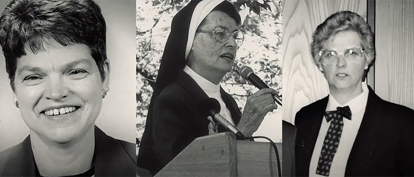 Black and white photo of Patricia o'Roark, Sister Mary Therese Tracy and Sister Lillian Murphy