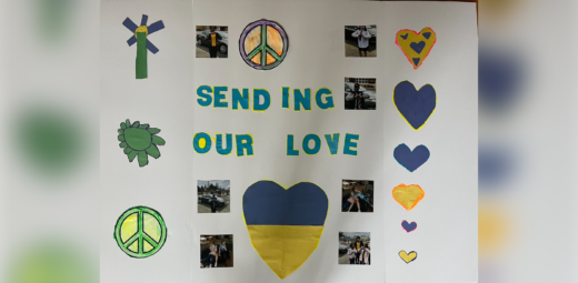 a poster for Ukraine with photos of residents and the title "Sending our love"
