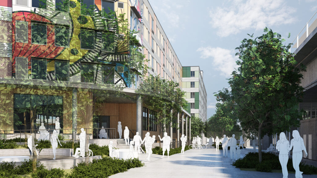 Street Plaza View Kent Multicultural Village Aerial Rendering Street Plaza